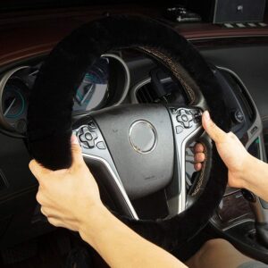 AUTOYOUTH Artificial plush Steering Wheel Cover Classic Black Car Wheel Protector Soft Comfortable 38cm/15inch Pure hand-made